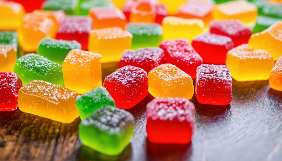 Various colorful cannabis gummies displayed on a wooden table