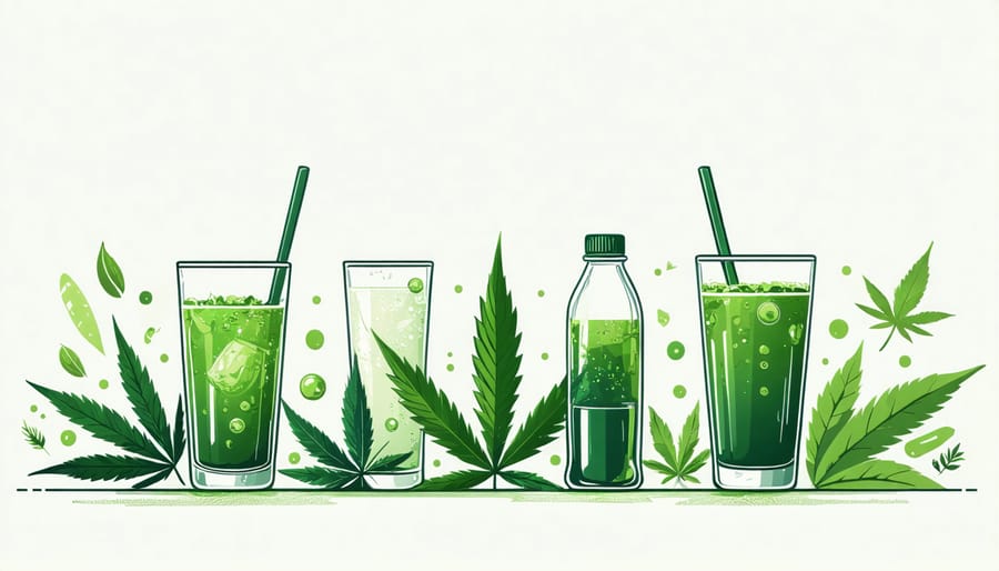 Symbolic representation of cannabis leaves merging with energy drink symbols