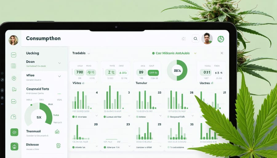 Smartphone screen displaying cannabis usage tracking application with charts and logging features