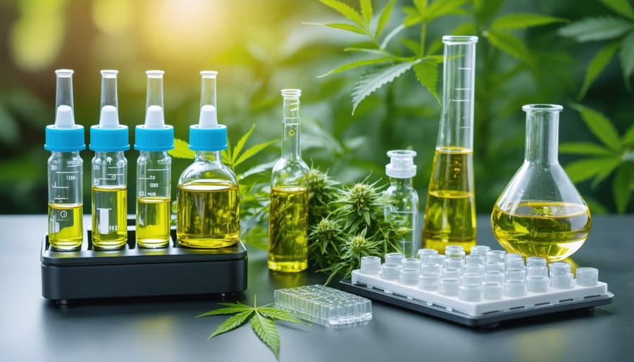 Scientific laboratory equipment testing CBD oil samples for quality and purity