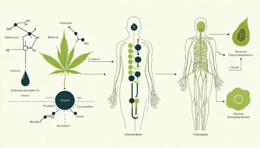 Diagram of the human endocannabinoid system showing CB1 and CB2 receptors throughout the body