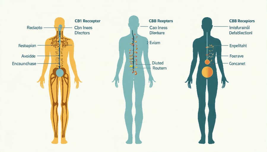 Diagram of the human endocannabinoid system with labeled receptors and neural pathways