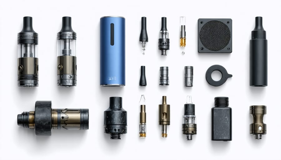 Exploded view of cannabis vaping device components with safety inspection points labeled