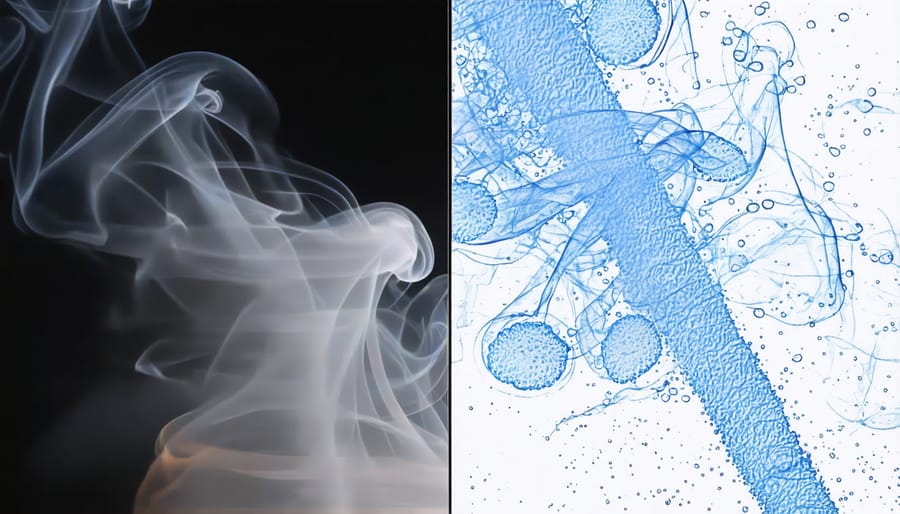 Microscopic comparison of cannabis vapor particles versus smoke particles