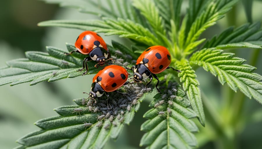 Ladybugs on cannabis leaf providing natural pest control by eating aphids