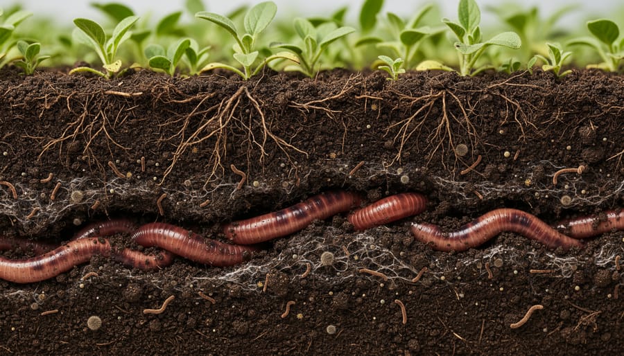 Close-up of rich organic living soil with visible earthworms and mycelium held in farmer's hands