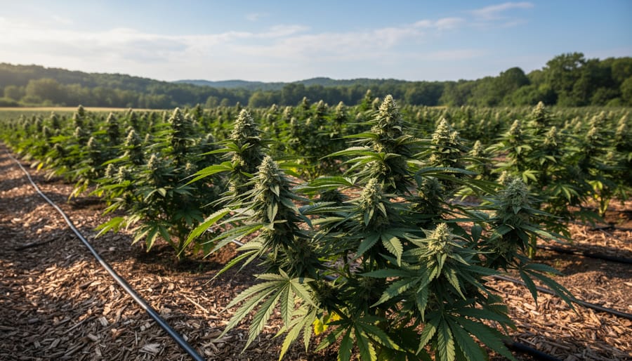 Healthy cannabis plants growing outdoors in natural soil with mountain landscape in background