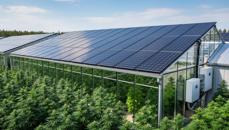 Solar panels mounted on greenhouse roof with cannabis plants visible inside structure