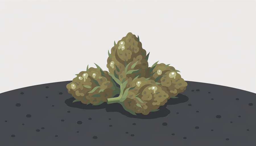 Cannabis buds with visible resin next to dark soil and a small water dish, with surrounding greenery blurred in the background.
