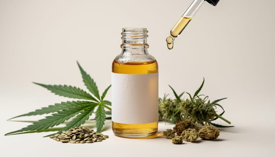 Close-up of hemp-derived CBD oil in a glass jar with a dropper and hemp seeds on a wooden table.