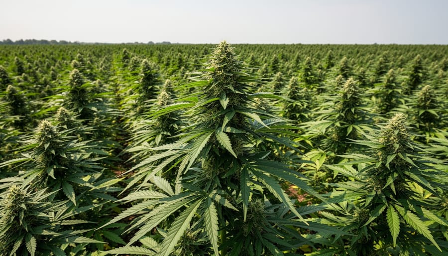Healthy hemp plants growing in an outdoor field with detailed green leaves.