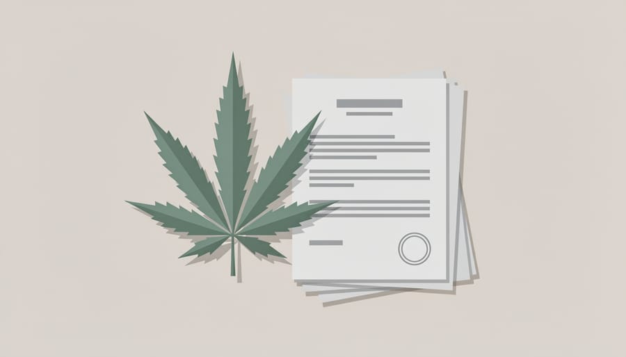 Hemp leaf placed near paperwork on a surface with a blurred government building in the background.