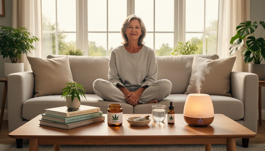 Older adult sitting in a sunlit living room with a glass jar containing a cannabis flower on a table nearby.
