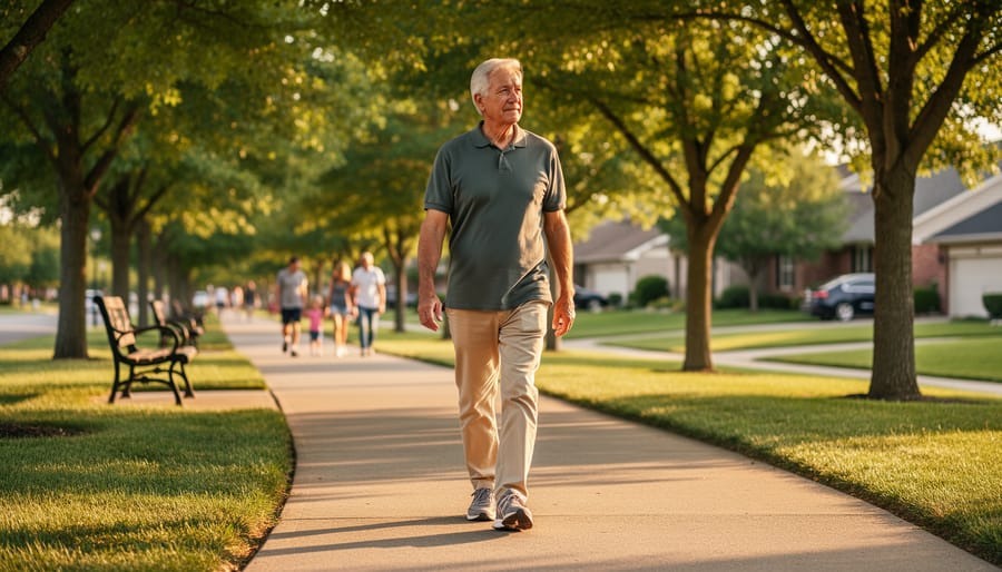 Older adult walking outdoors on a park path during the morning with trees and grass in the background.
