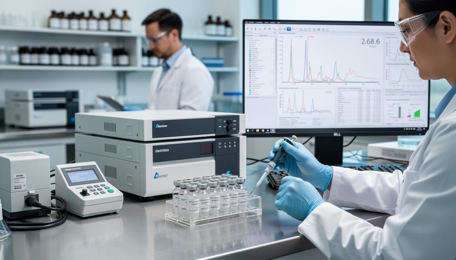 Analytical lab bench with instrument equipment and microtubes used for quality verification