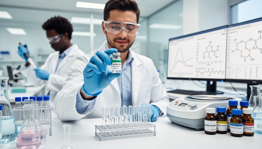Gloved technician handling peptide vials at a clean laboratory bench with pipettes and microtubes nearby