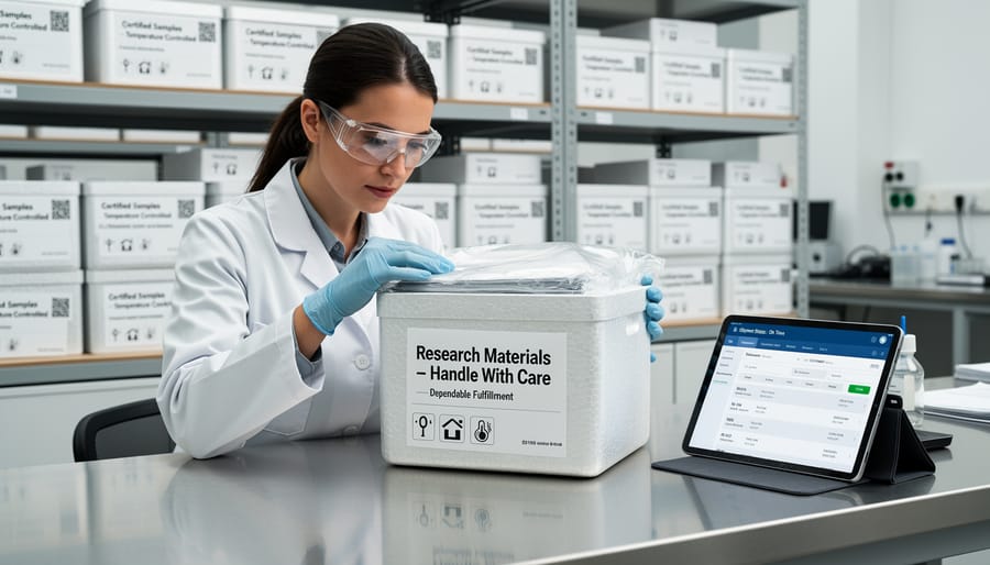 Insulated laboratory shipment packaging in a temperature-controlled dispatch area