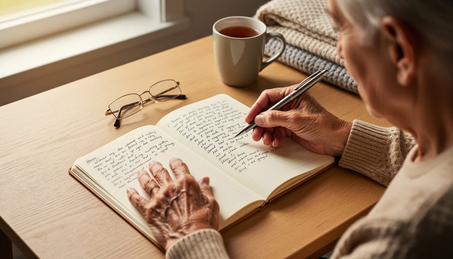 Wrinkled hands write in a blank journal on a wooden table with a candle and lavender nearby.