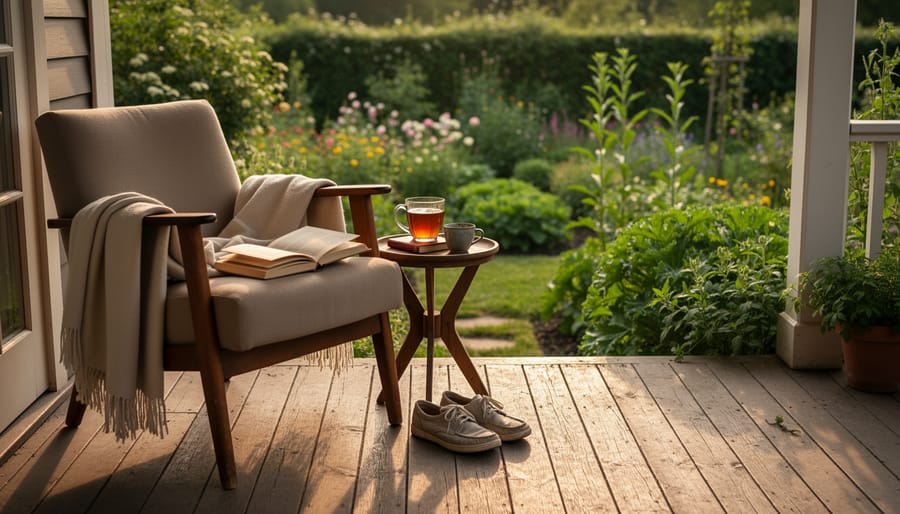 An older adult sits on a sunlit porch holding a mug and looking out toward a garden.